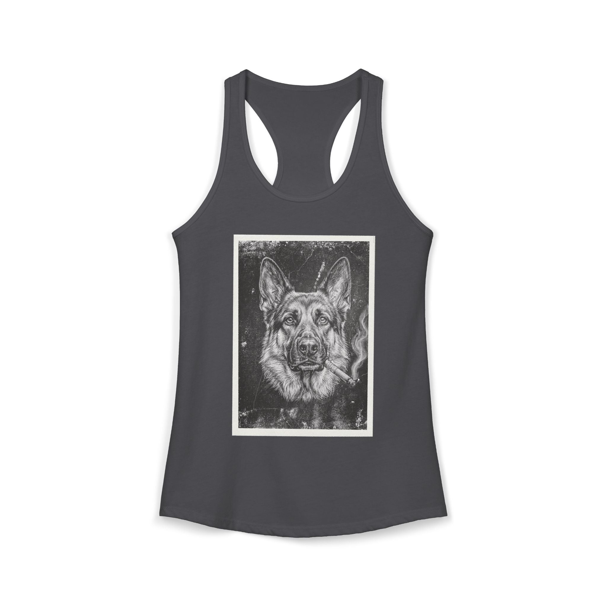 Smoking German Shepard Photo Racerback Tank — Vintage Pup Graphic