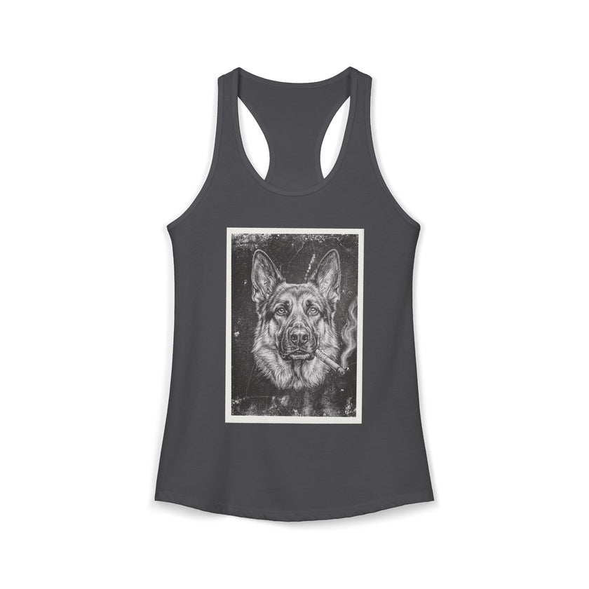 Smoking German Shepard Photo Racerback Tank — Vintage Pup Graphic