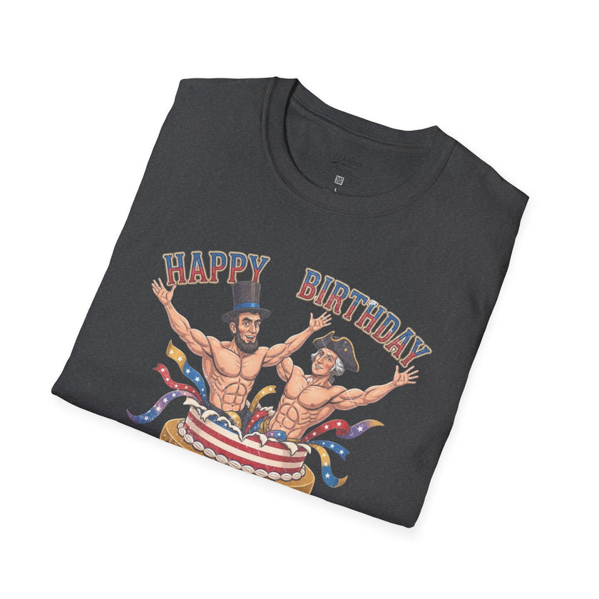 Buff Abraham Lincoln and George Washington Jumping Out of Birthday Cake T-Shirt | 4th of July Patriotic