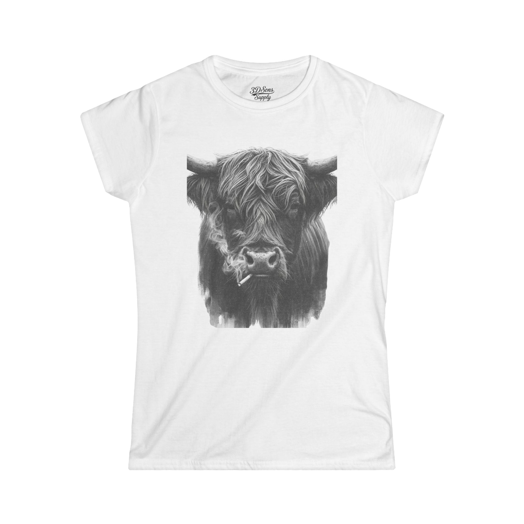 Women’s Softstyle Tee — Highland Cow Smoking Graphic
