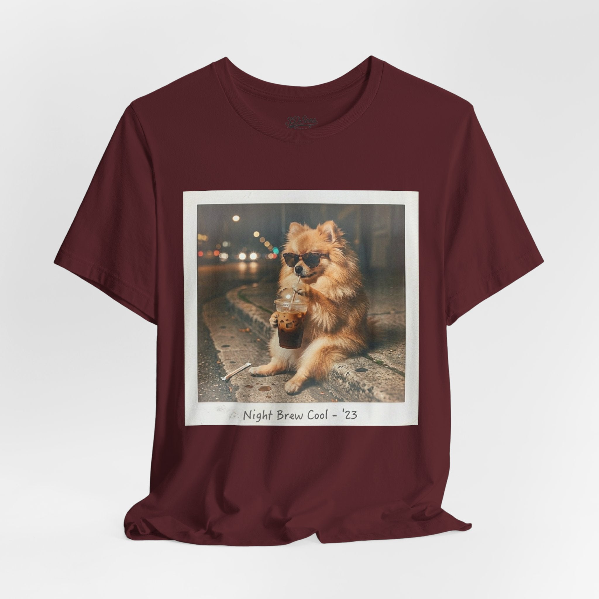 Iced Coffee Night Dog Tee — Late-Night Curb Pomeranian Graphic T-Shirt