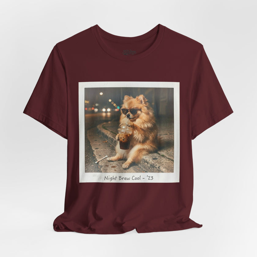 Iced Coffee Night Dog Tee — Late-Night Curb Pomeranian Graphic T-Shirt