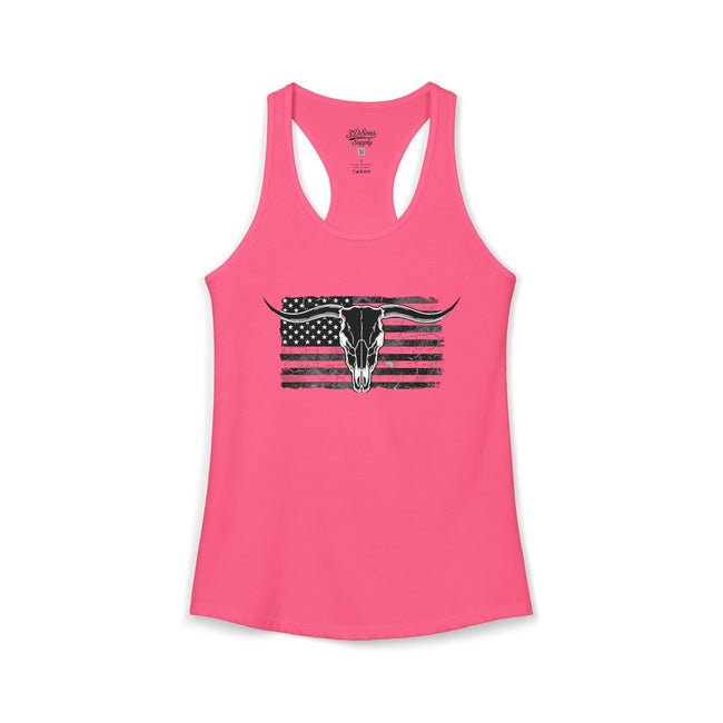 American Flag Longhorn Skull Women's Racerback Tank