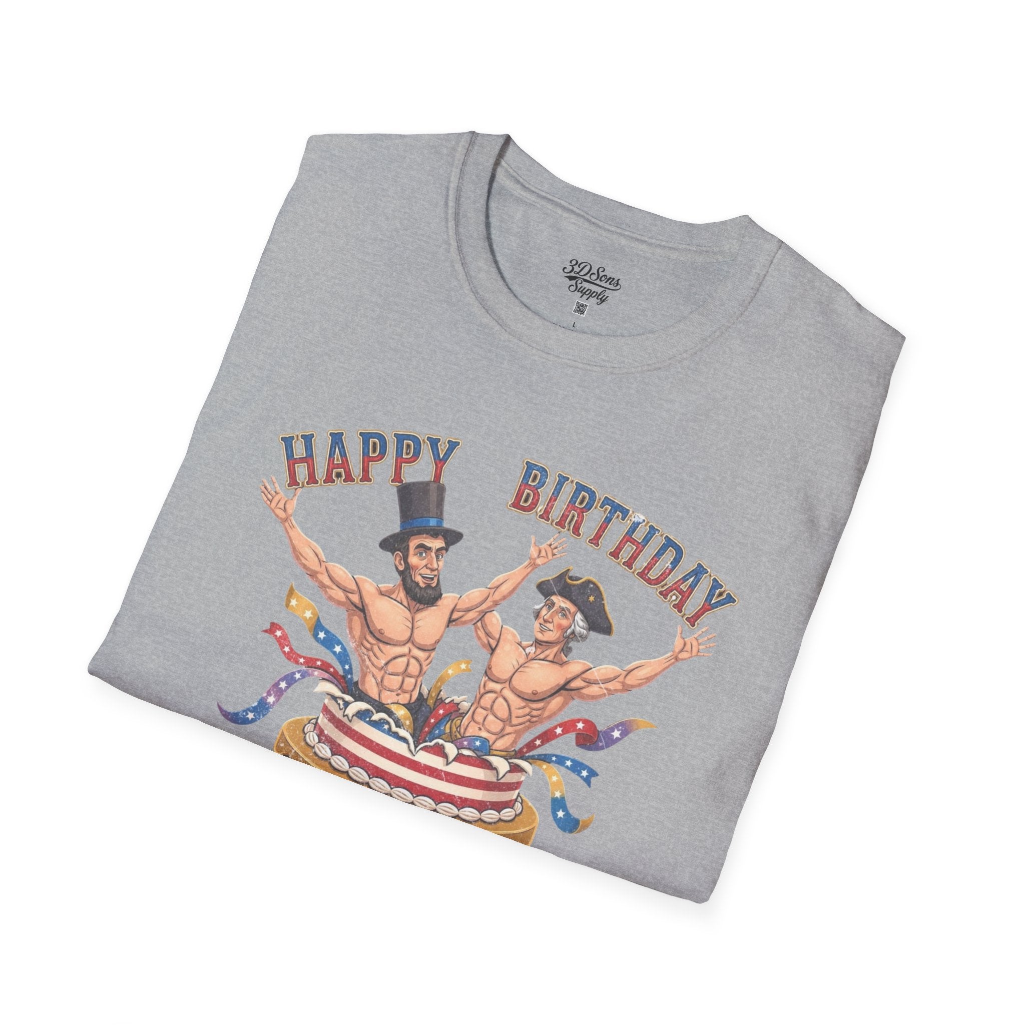Buff Abraham Lincoln and George Washington Jumping Out of Birthday Cake T-Shirt | 4th of July Patriotic