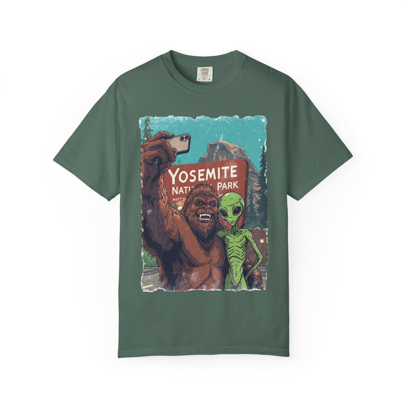 Alien & Bigfoot Yosemite T-Shirt — Camping Adventure Graphic Tee