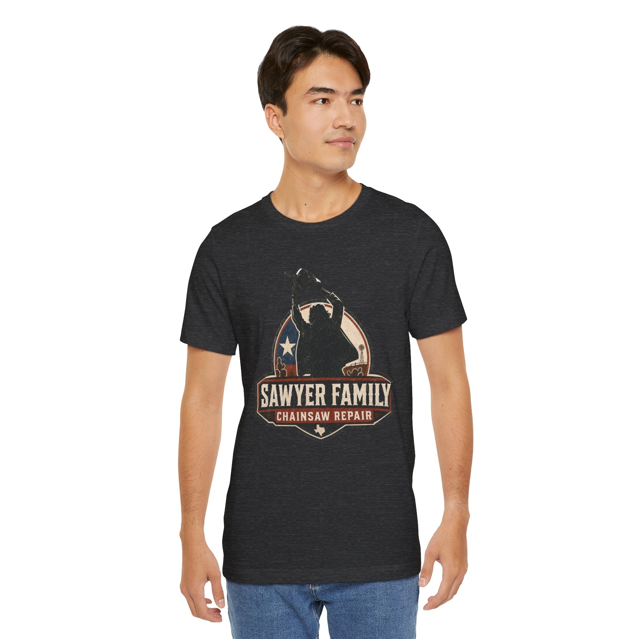 Sawyer Family Chainsaw Repair Graphic Tee — Vintage Horror Movie Logo T-Shirt