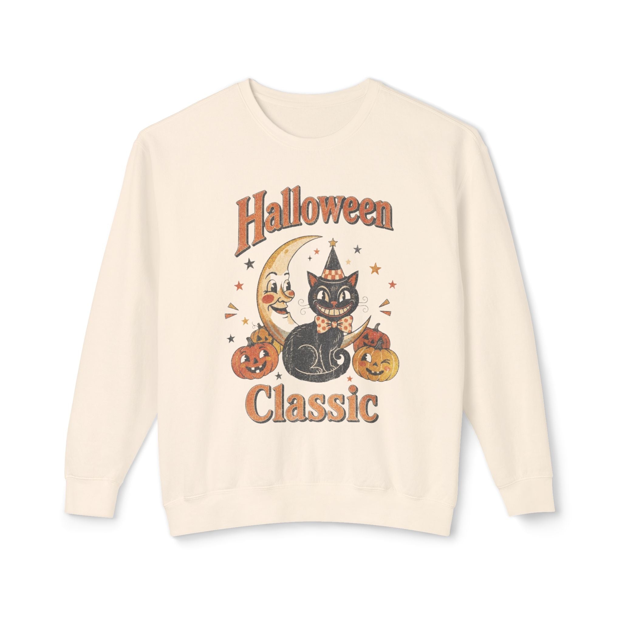 Vintage Halloween Cat Crewneck Sweatshirt | Retro Moon, Pumpkins, Witch Hat