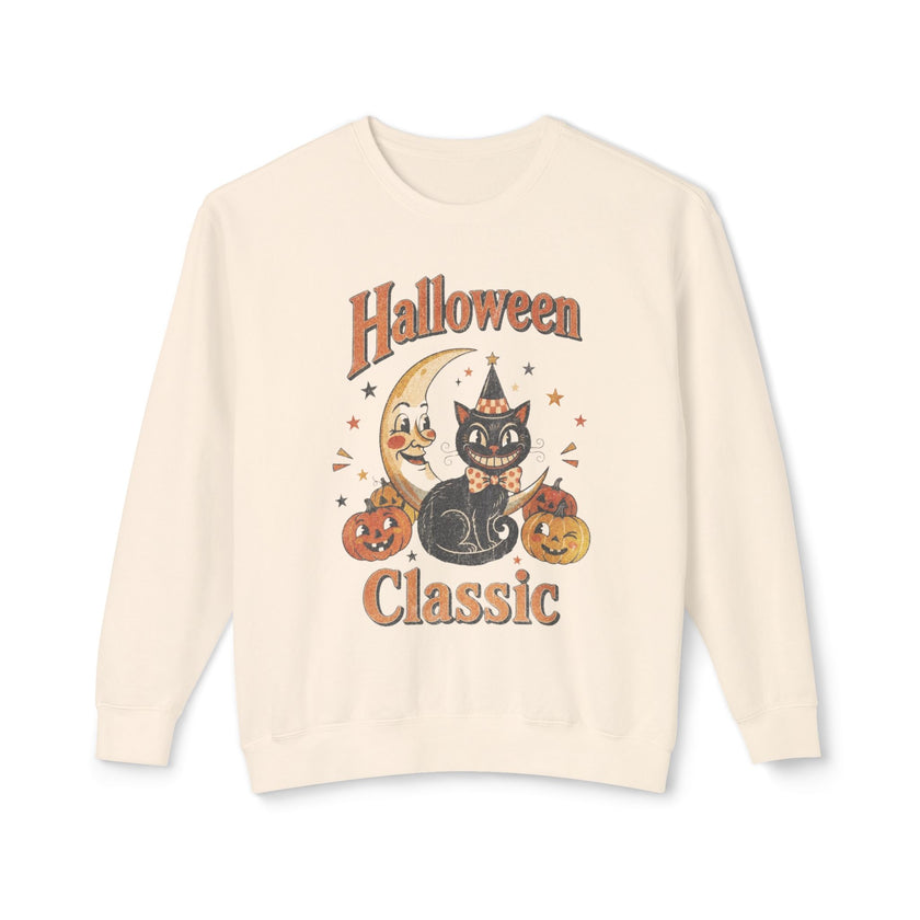 Vintage Halloween Cat Crewneck Sweatshirt | Retro Moon, Pumpkins, Witch Hat