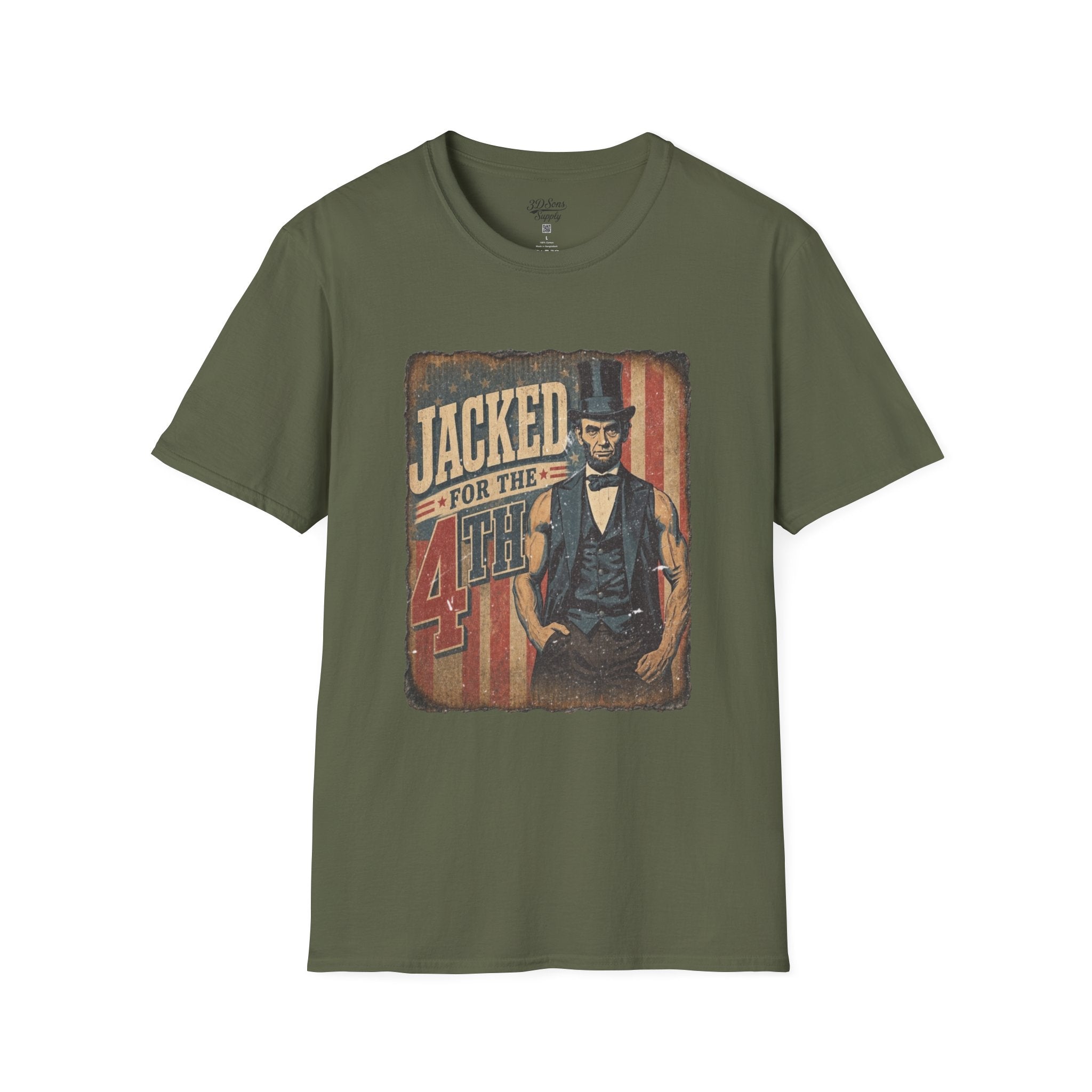 Jacked for July 4th T-Shirt | Patriotic Buff Abraham Lincoln Flag Design