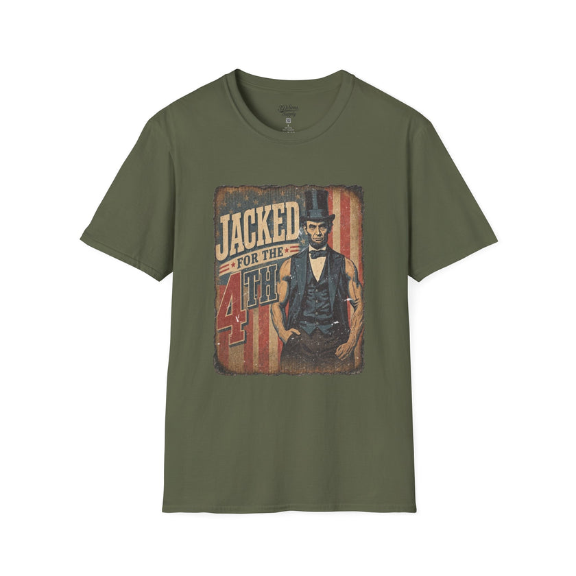 Jacked for July 4th T-Shirt | Patriotic Buff Abraham Lincoln Flag Design