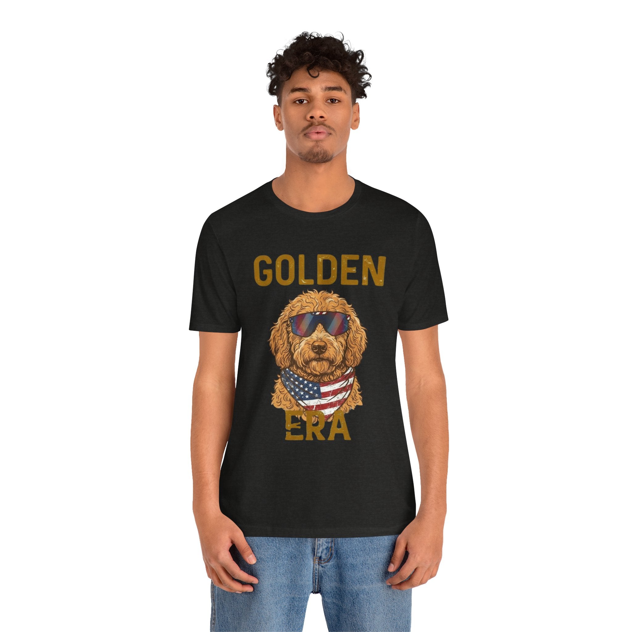 Golden Era Dog T-Shirt – American Flag Doodle with Sunglasses