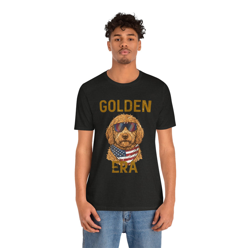 Golden Era Dog T-Shirt – American Flag Doodle with Sunglasses