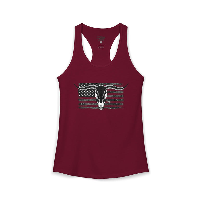 American Flag Longhorn Skull Women's Racerback Tank