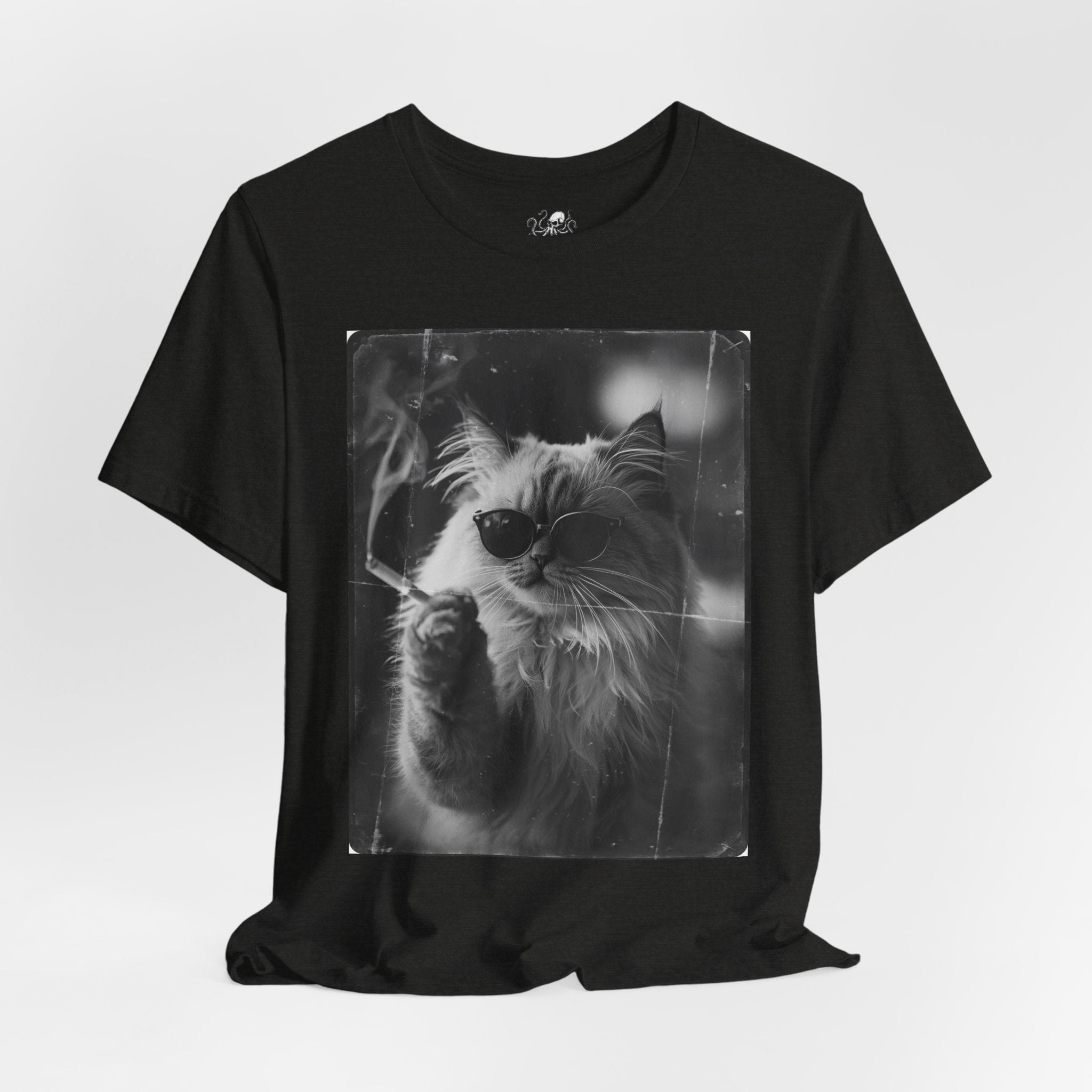 Smoking Cool Cat Portrait T-Shirt | Black & White Photo Cat Tee