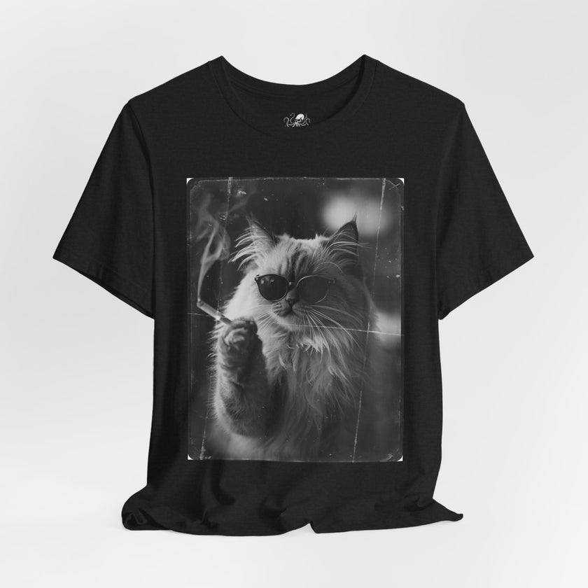 Smoking Cool Cat Portrait T-Shirt | Black & White Photo Cat Tee