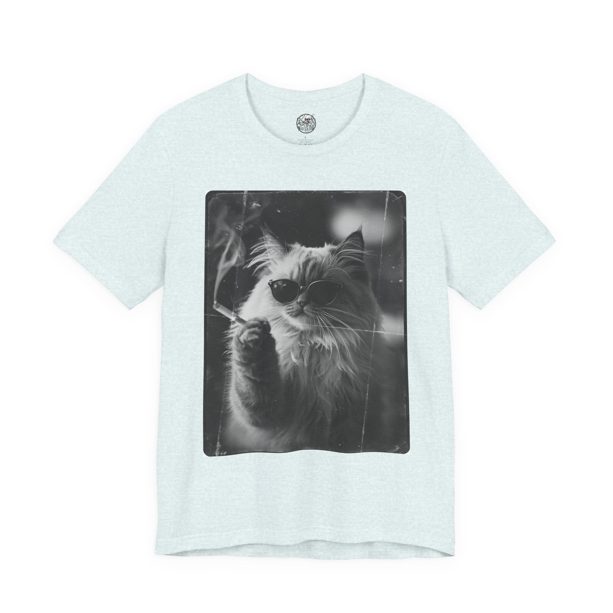 Smoking Cool Cat Portrait T-Shirt | Black & White Photo Cat Tee