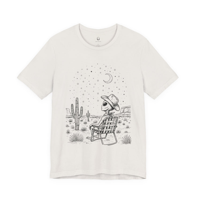 Alien Cowboy Sitting in Desert Tee | Night Sky Lawn Chair