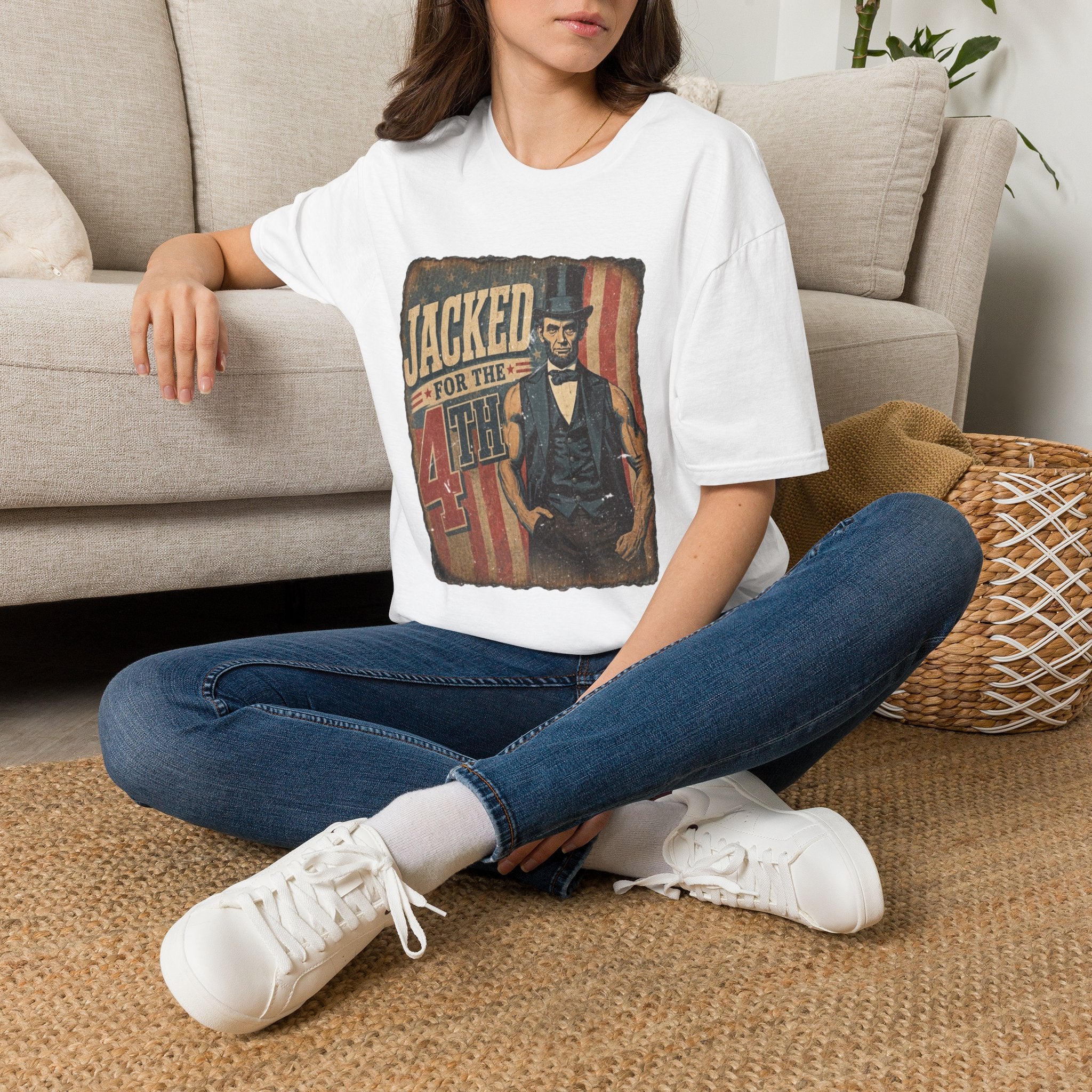Jacked for July 4th T-Shirt | Patriotic Buff Abraham Lincoln Flag Design