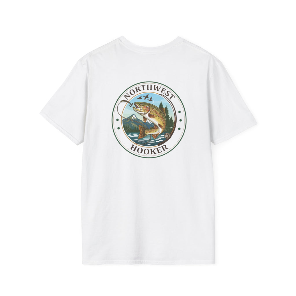Northwest Hooker Trout Logo T-Shirt | Fishing Badge, Mountain River Design