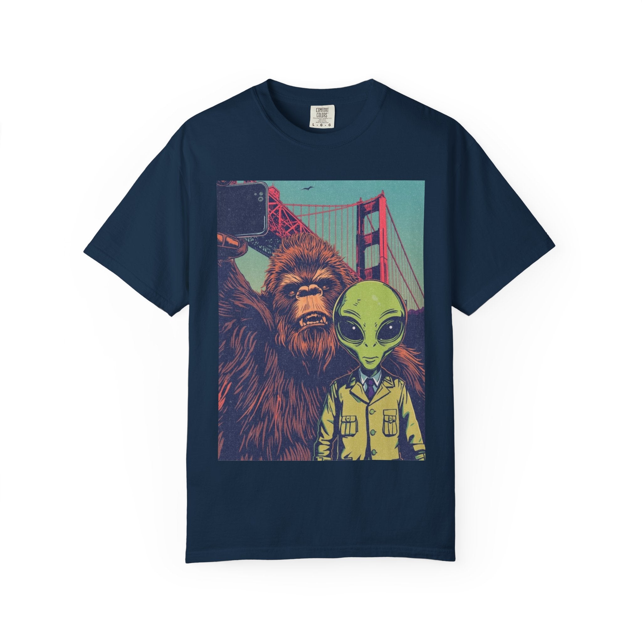 Alien & Bigfoot Golden Gate Bridge T-Shirt — San Francisco UFO & Cryptid Tee