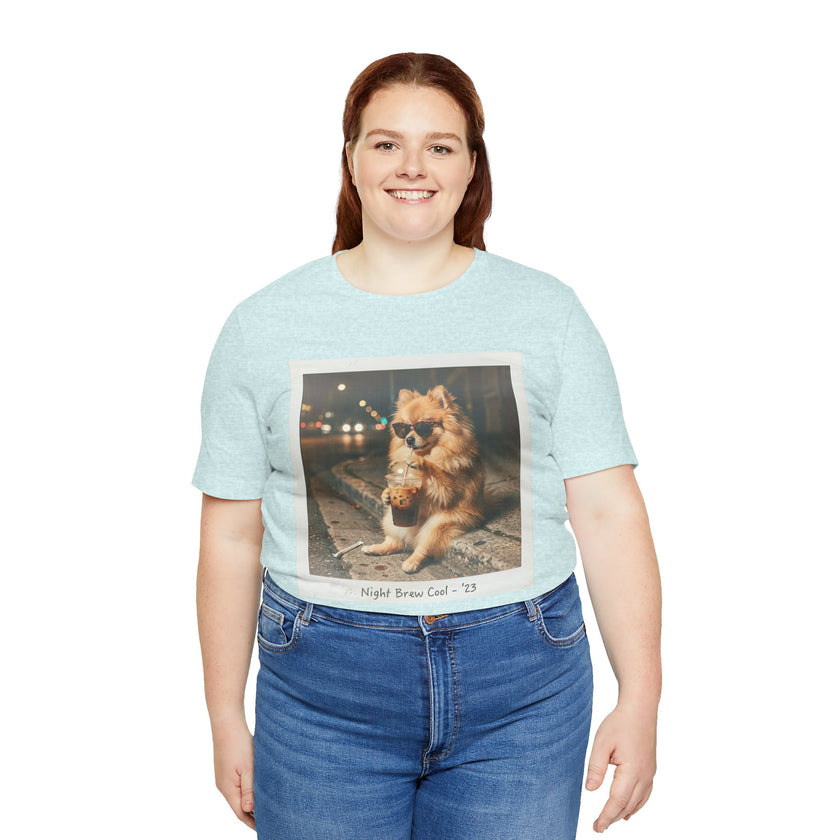Iced Coffee Night Dog Tee — Late-Night Curb Pomeranian Graphic T-Shirt