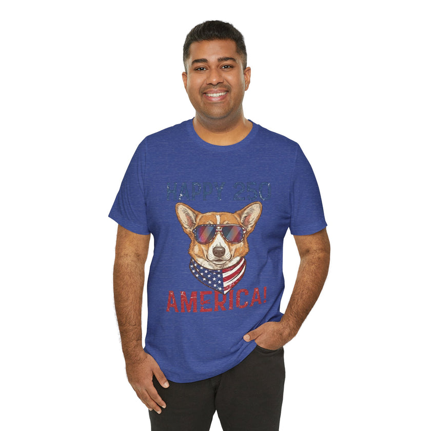 Happy 250 America! Corgi Sunglasses Patriotic Tee