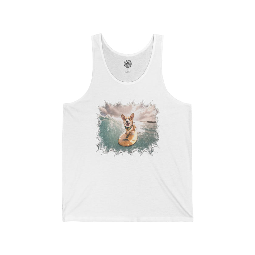 Surfing Corgi Tank | Dog Beach Waves Illustration, Summer Shirt