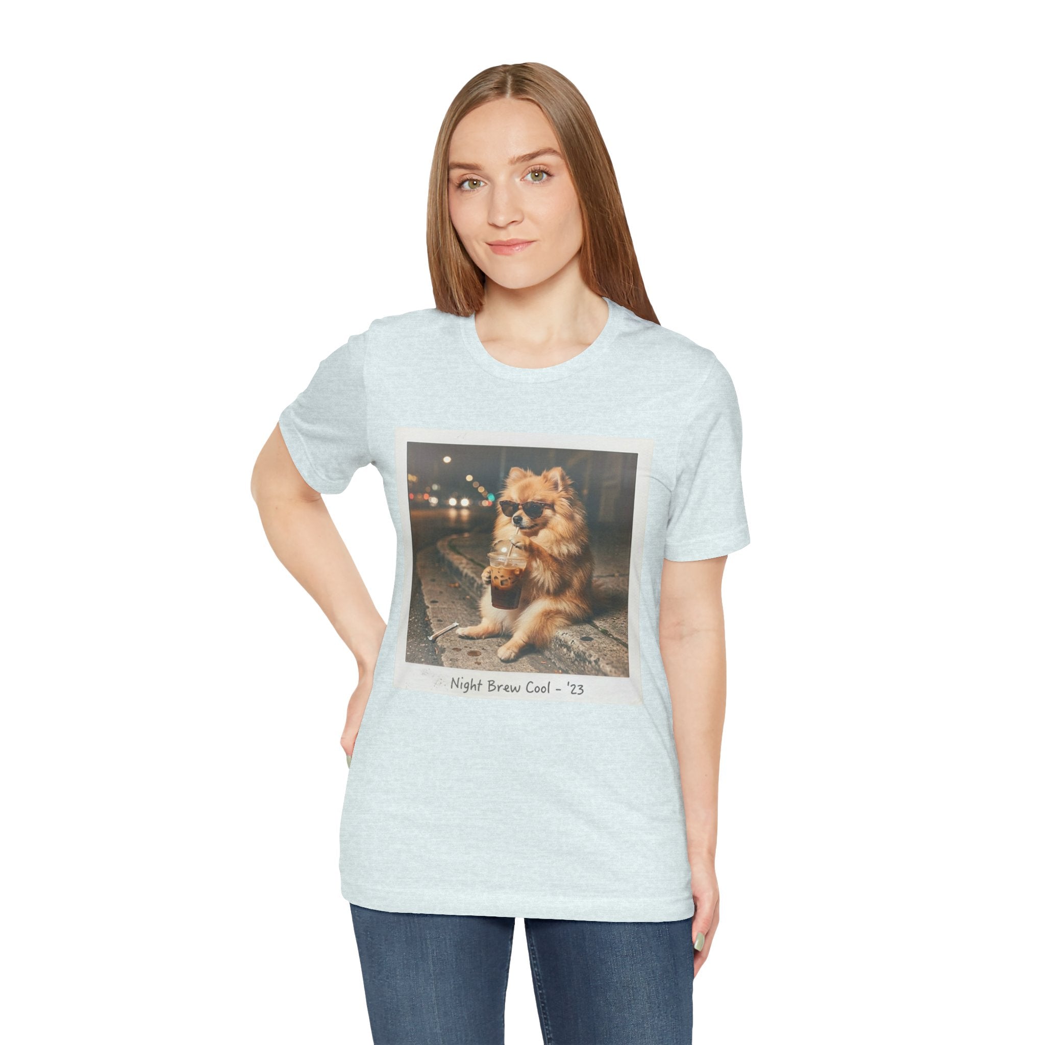 Iced Coffee Night Dog Tee — Late-Night Curb Pomeranian Graphic T-Shirt