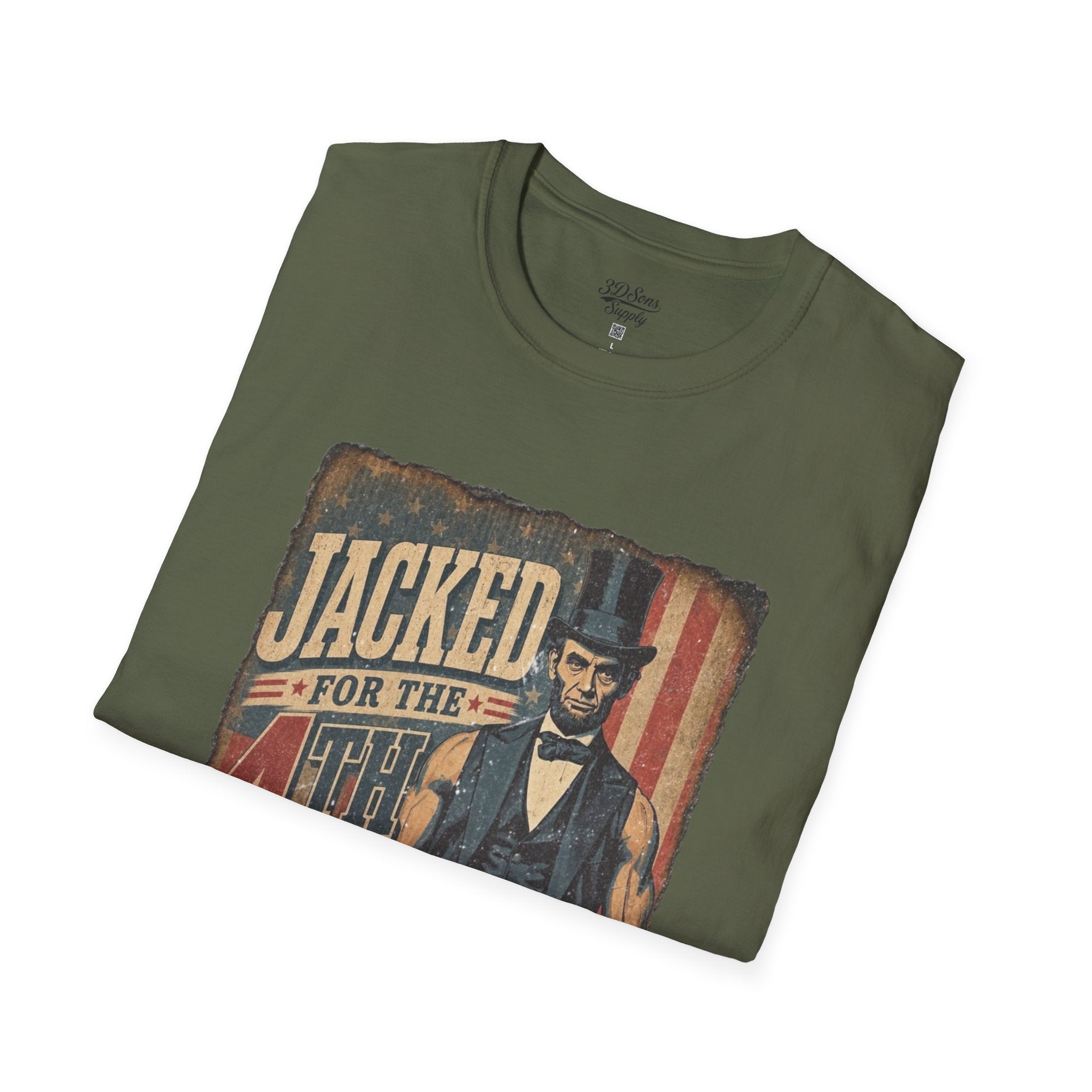 Jacked for July 4th T-Shirt | Patriotic Buff Abraham Lincoln Flag Design