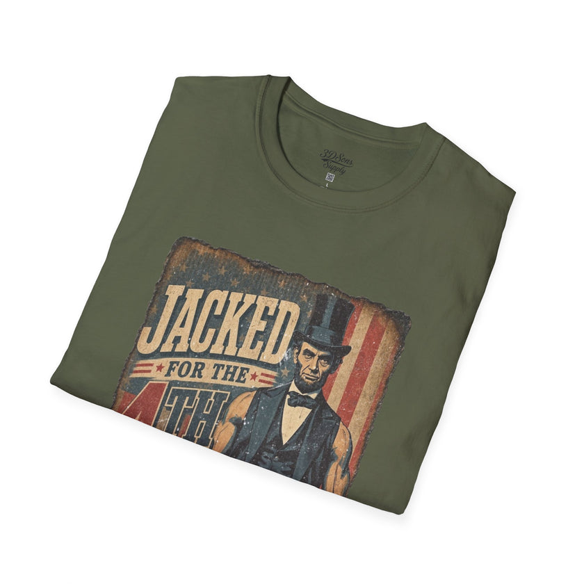 Jacked for July 4th T-Shirt | Patriotic Buff Abraham Lincoln Flag Design