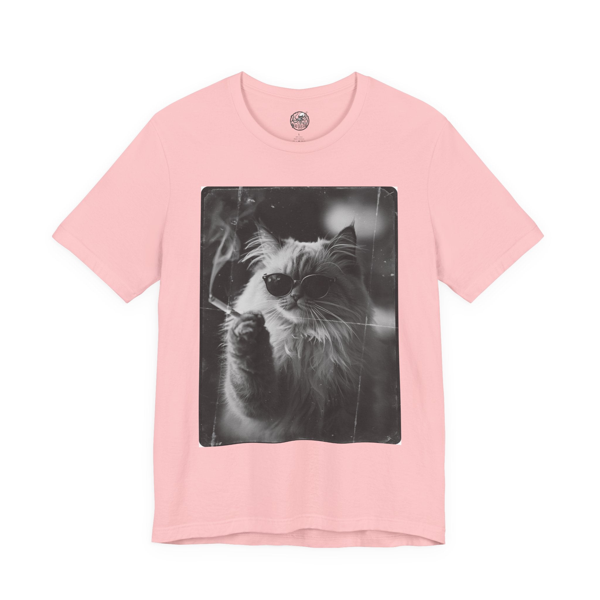 Smoking Cool Cat Portrait T-Shirt | Black & White Photo Cat Tee