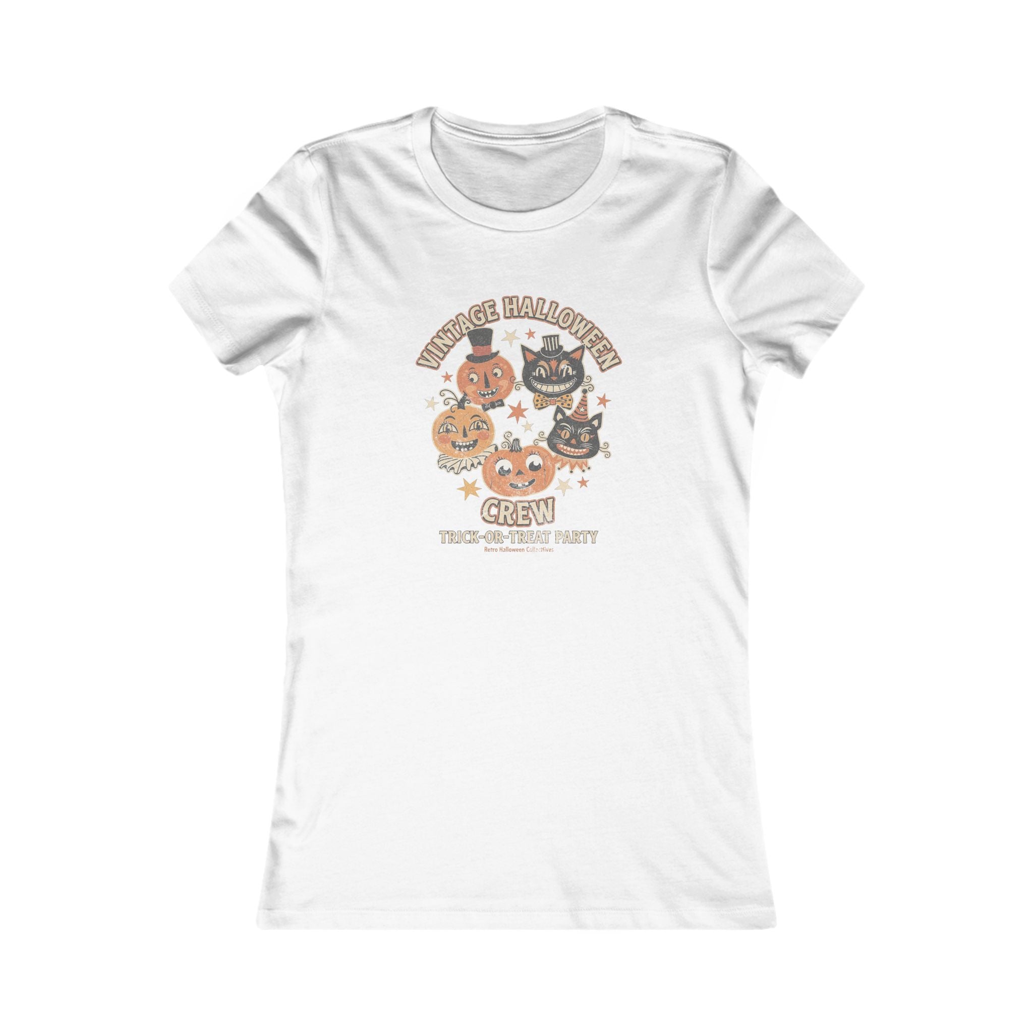 Women's Vintage Halloween Tee - 'Vintage Halloween Crew' Cute Pumpkin & Cat Graphic