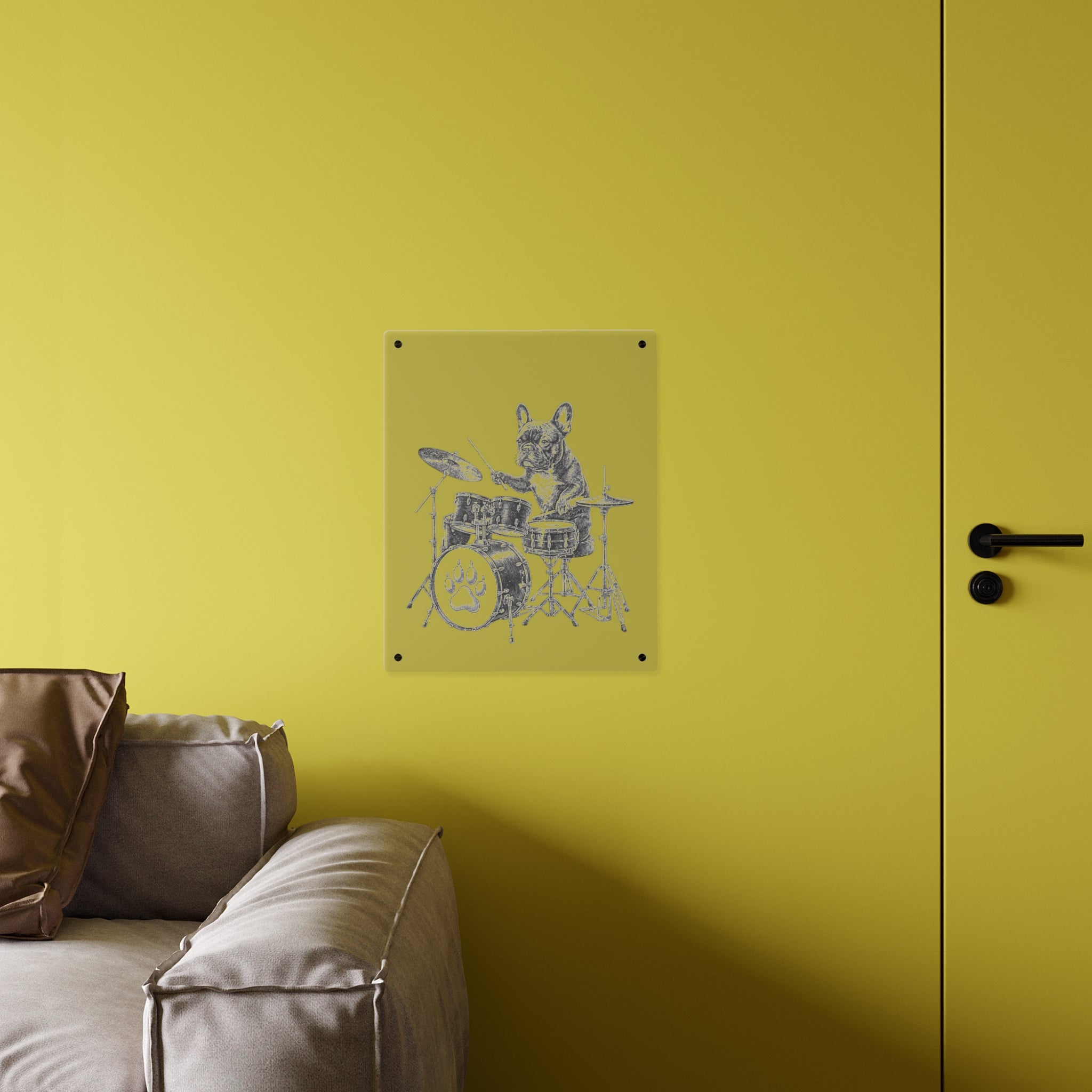 French Bulldog Playing Drums Acrylic Wall Art Panel