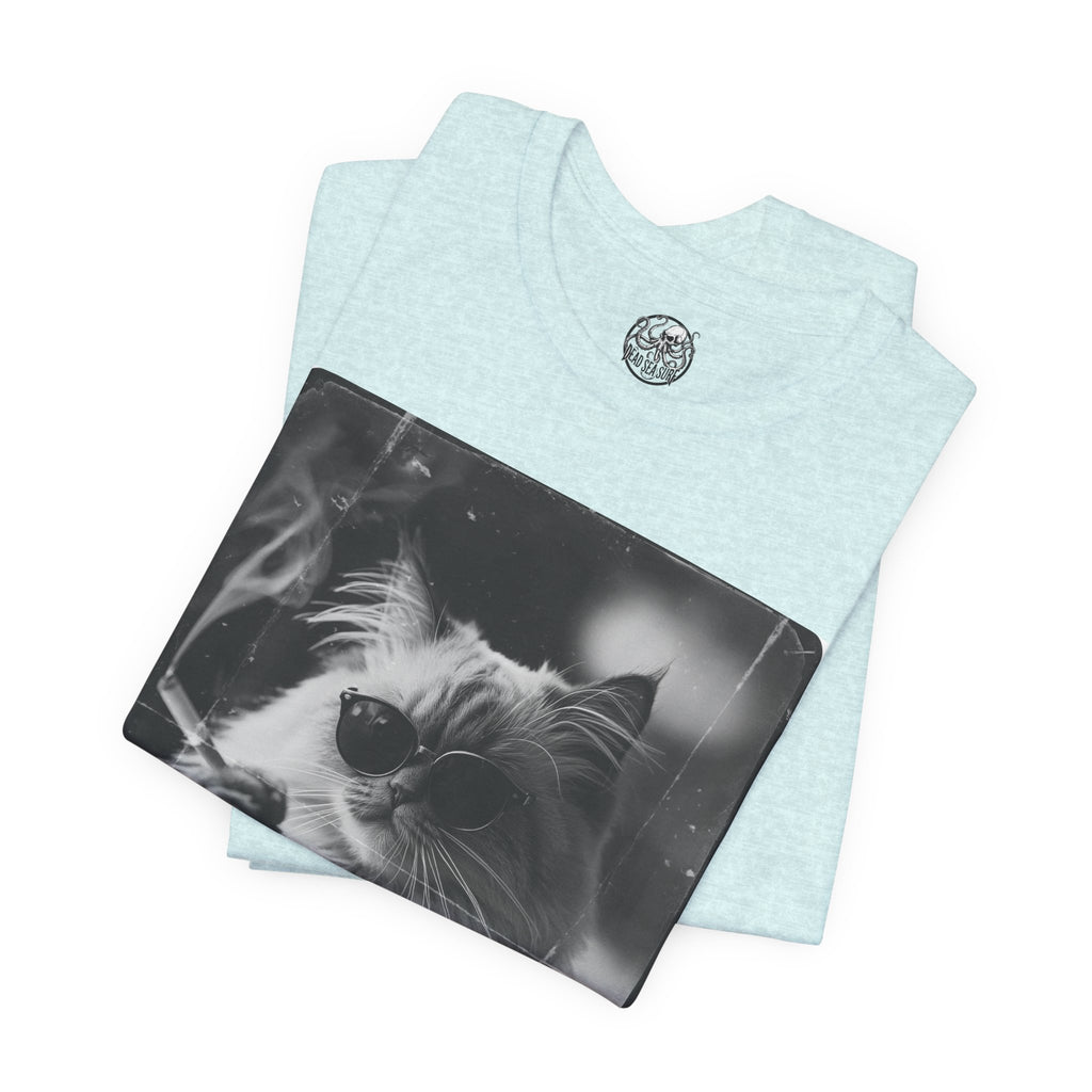 Smoking Cool Cat Portrait T-Shirt | Black & White Photo Cat Tee