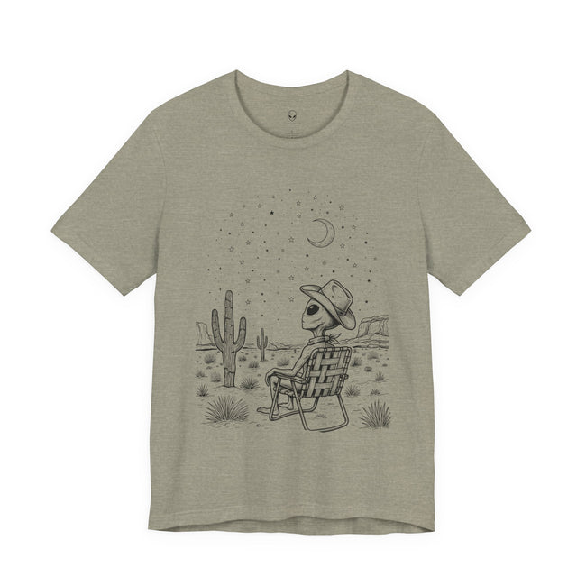 Alien Cowboy Sitting in Desert Tee | Night Sky Lawn Chair