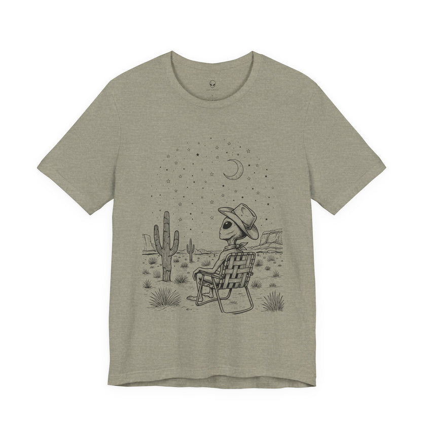 Alien Cowboy Sitting in Desert Tee | Night Sky Lawn Chair