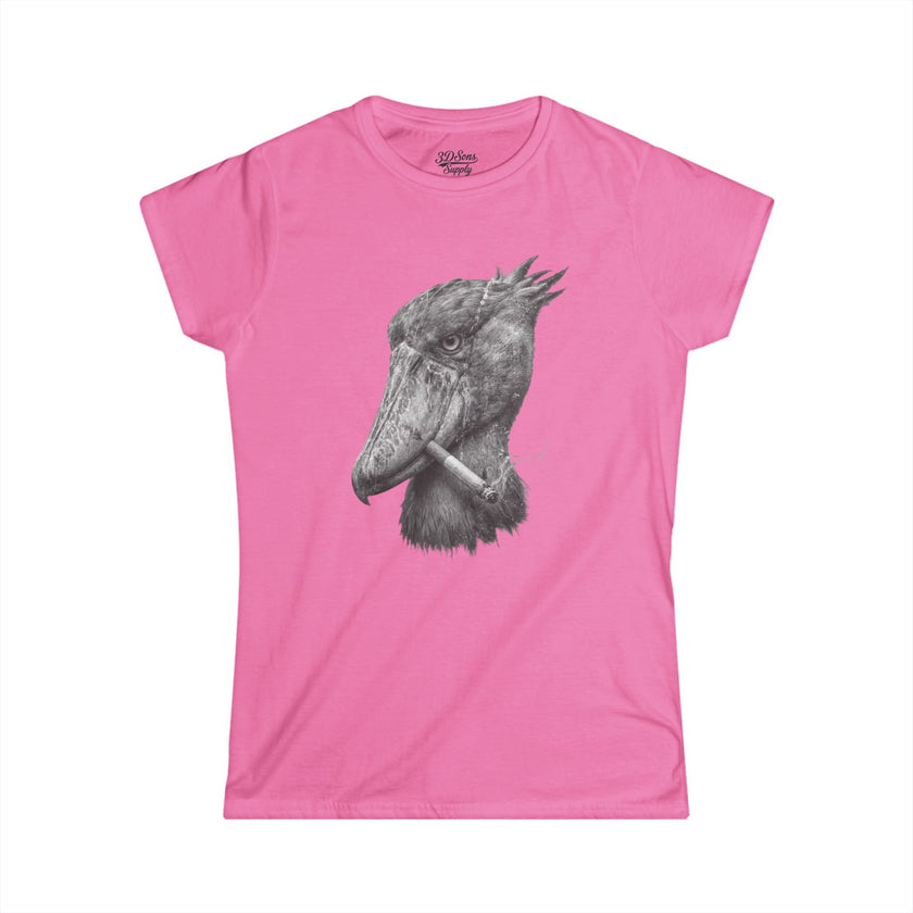 Women's Smoking Shoebill Stork Graphic Tee — Quirky Bird Lover Shirt