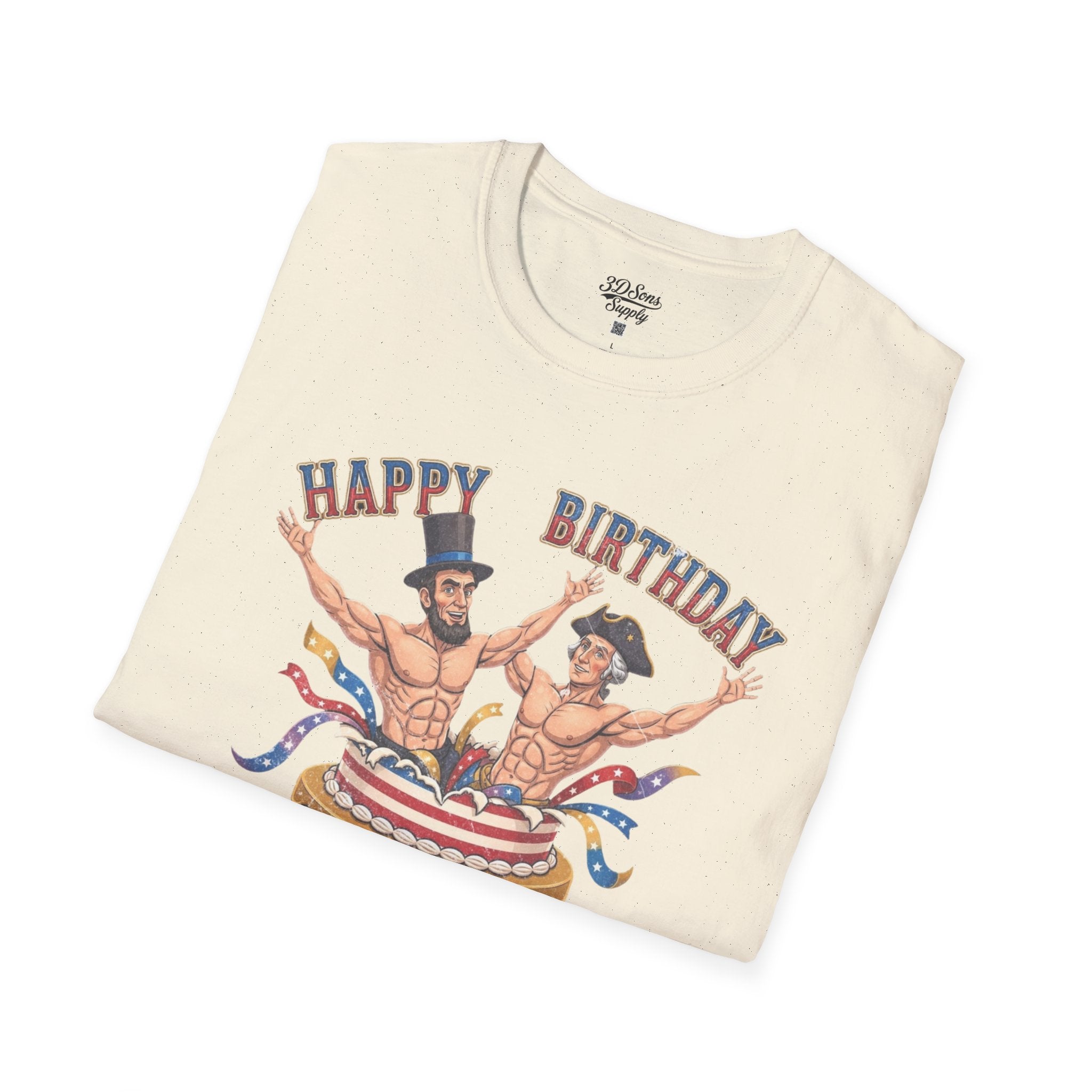 Buff Abraham Lincoln and George Washington Jumping Out of Birthday Cake T-Shirt | 4th of July Patriotic