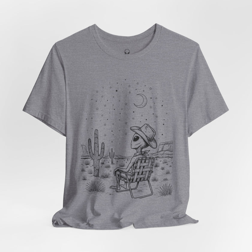 Alien Cowboy Sitting in Desert Tee | Night Sky Lawn Chair