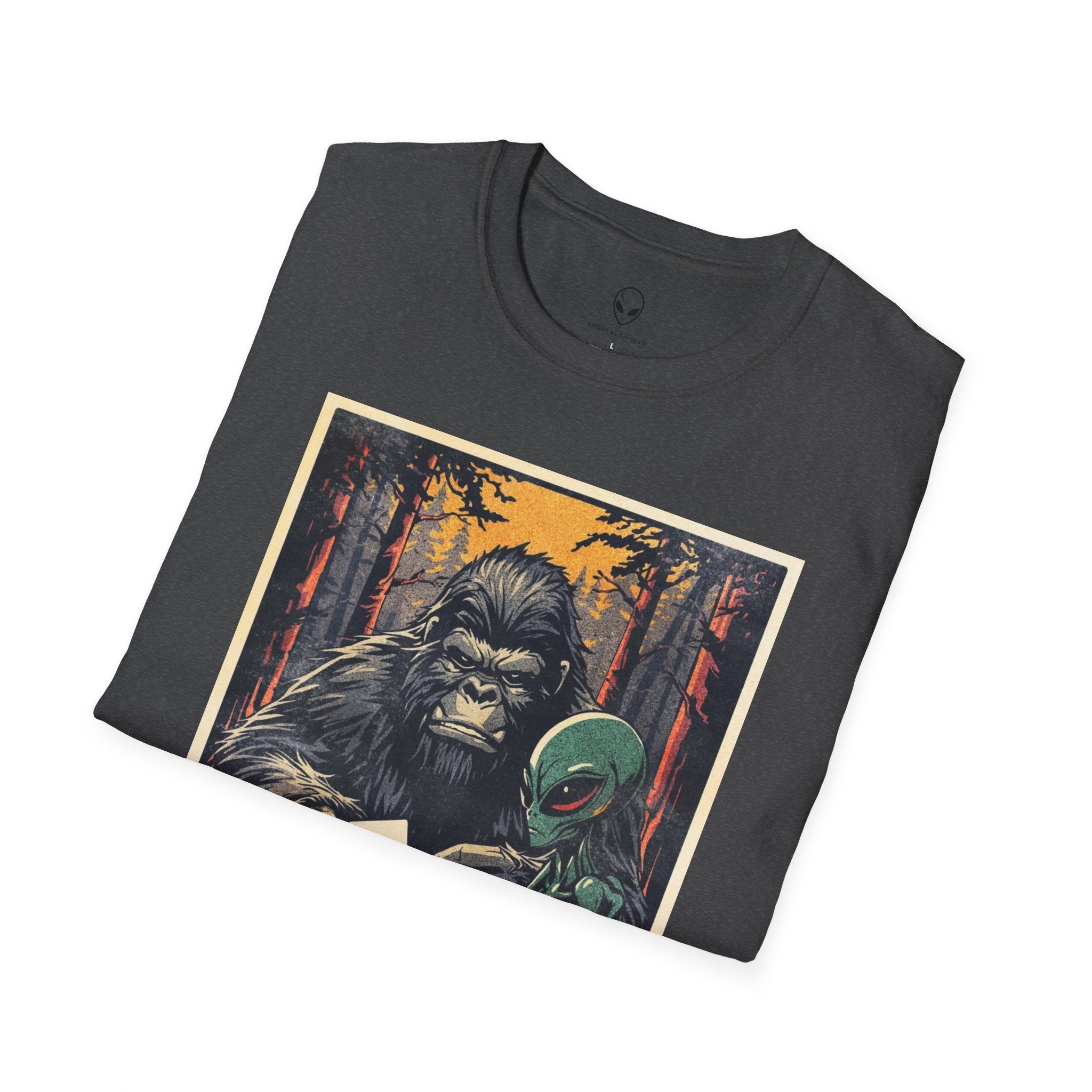 Bigfoot & Alien Playing Poker T-Shirt — Funny Cryptid Woods Tee