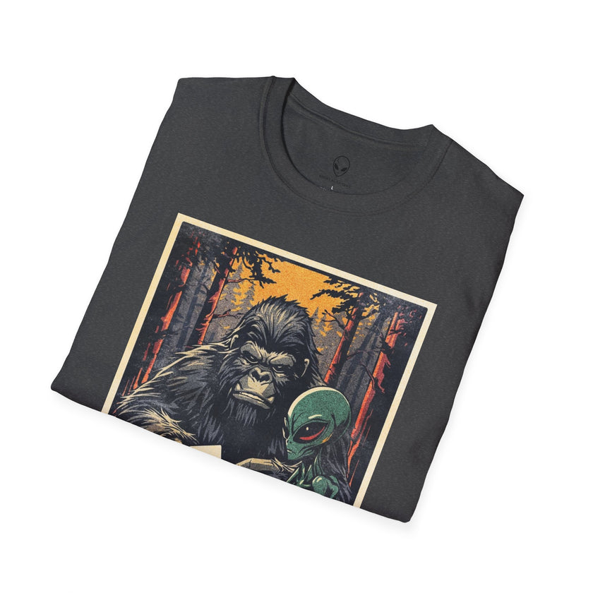 Bigfoot & Alien Playing Poker T-Shirt — Funny Cryptid Woods Tee