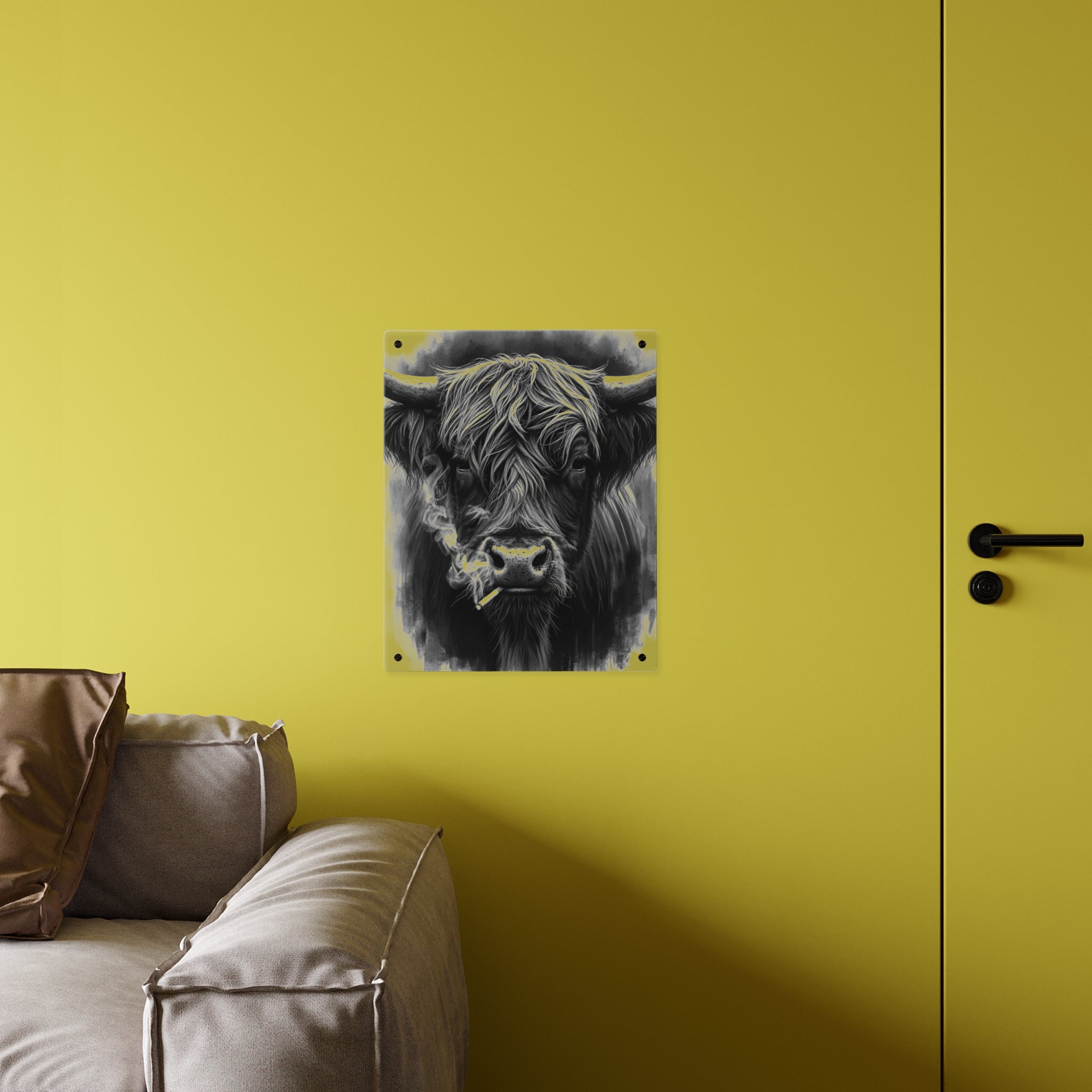Smoking Highland Cow Acrylic Wall Art Panel | Black White Highland Bull Print