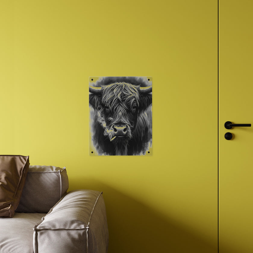 Smoking Highland Cow Acrylic Wall Art Panel | Black White Highland Bull Print