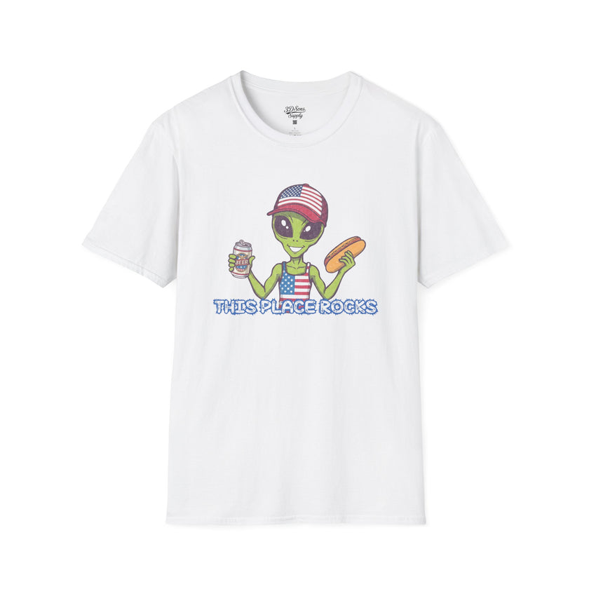 American Alien with Hot Dog and Beer T-Shirt | USA Flag Cap Fourth of July