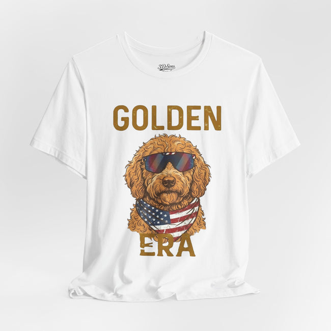 Golden Era Dog T-Shirt – American Flag Doodle with Sunglasses