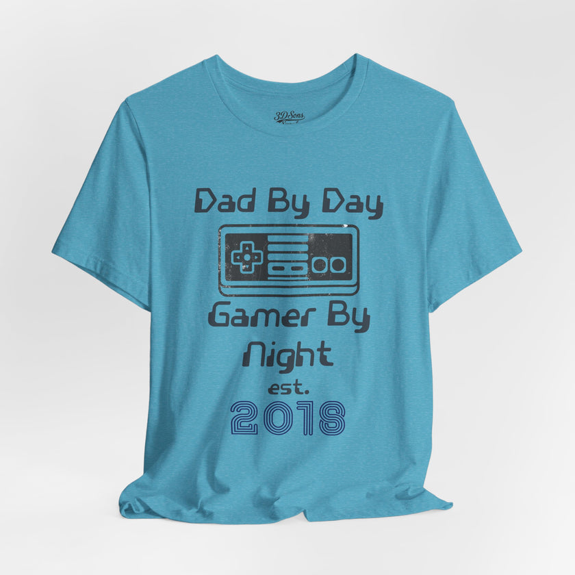 Personalized Dad By Day Gamer By Night T-Shirt — Established 2018 Retro Controller Tee