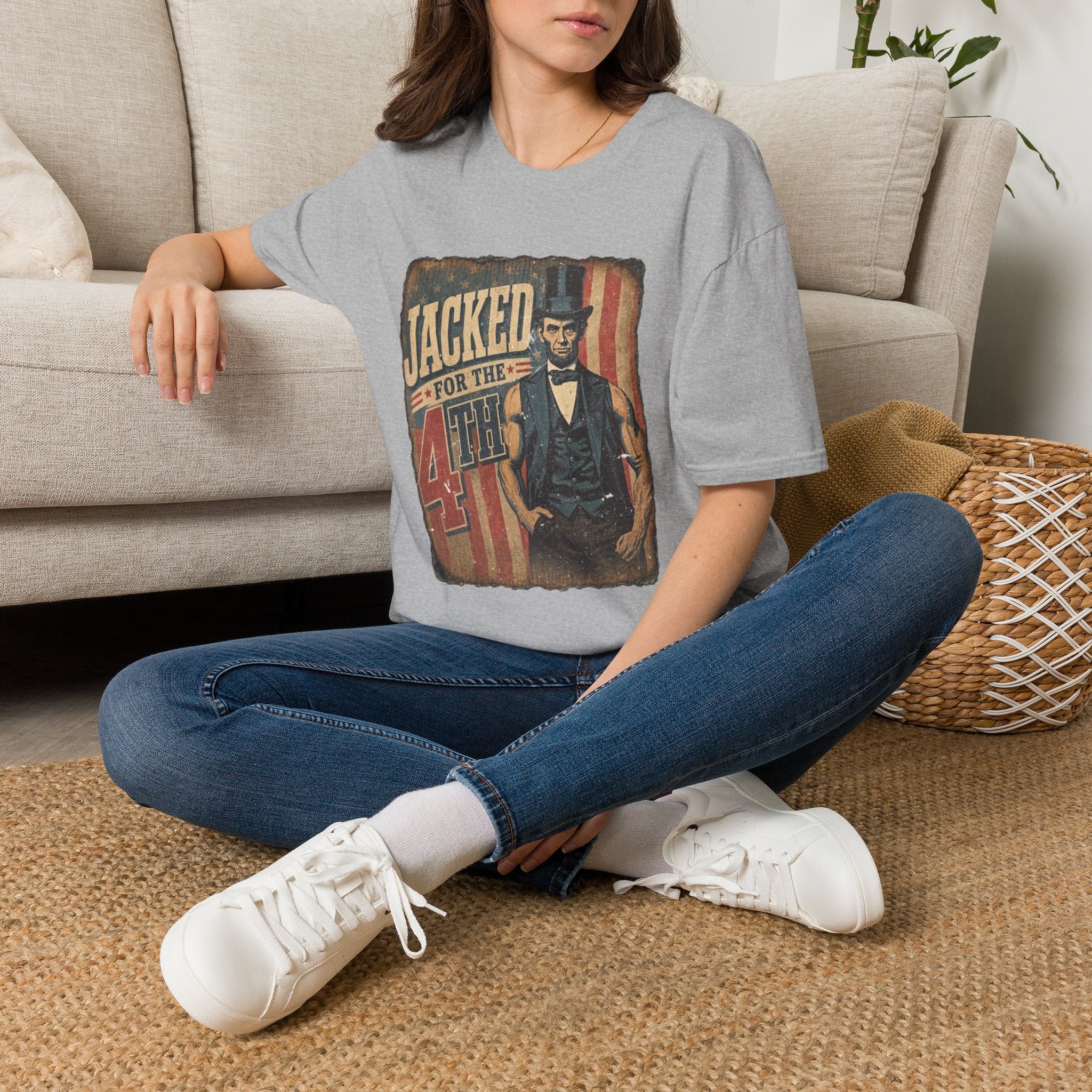 Jacked for July 4th T-Shirt | Patriotic Buff Abraham Lincoln Flag Design