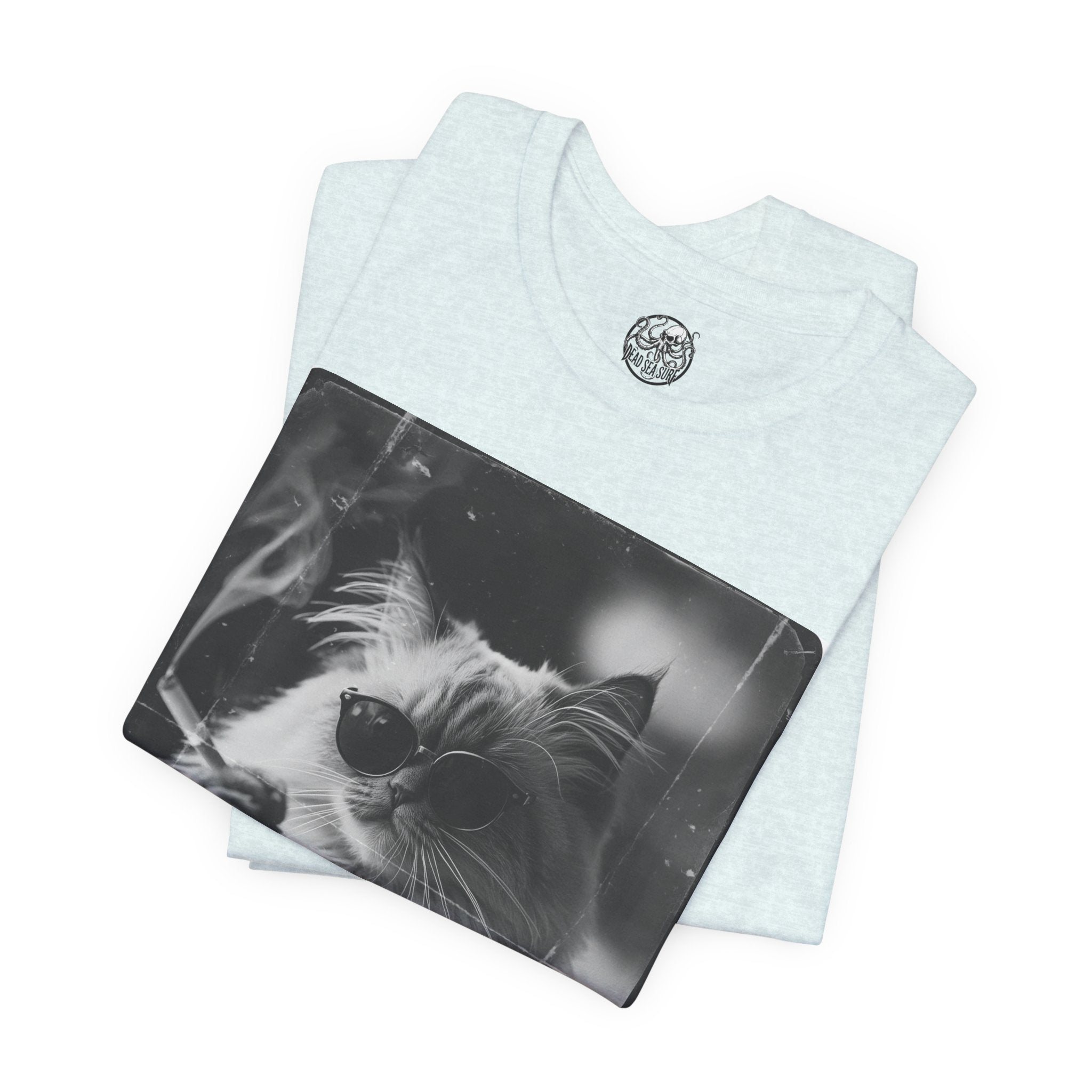 Smoking Cool Cat Portrait T-Shirt | Black & White Photo Cat Tee