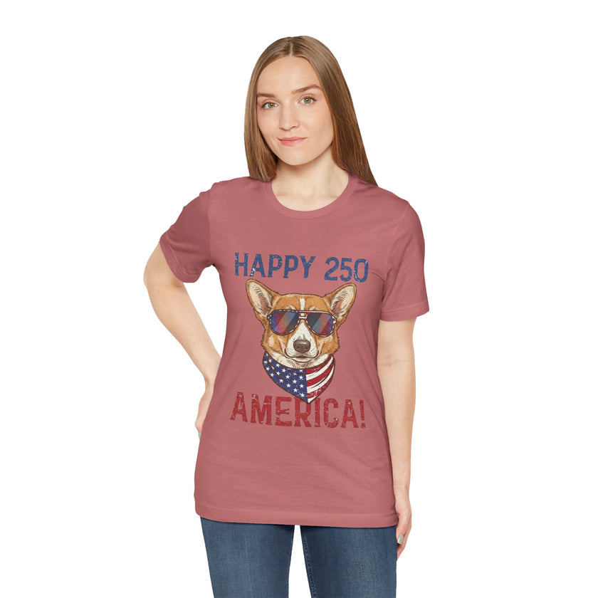 Happy 250 America! Corgi Sunglasses Patriotic Tee