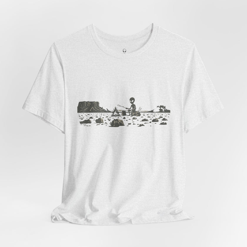 Alien Spaceship Campfire Illustration, Minimalist Landscape